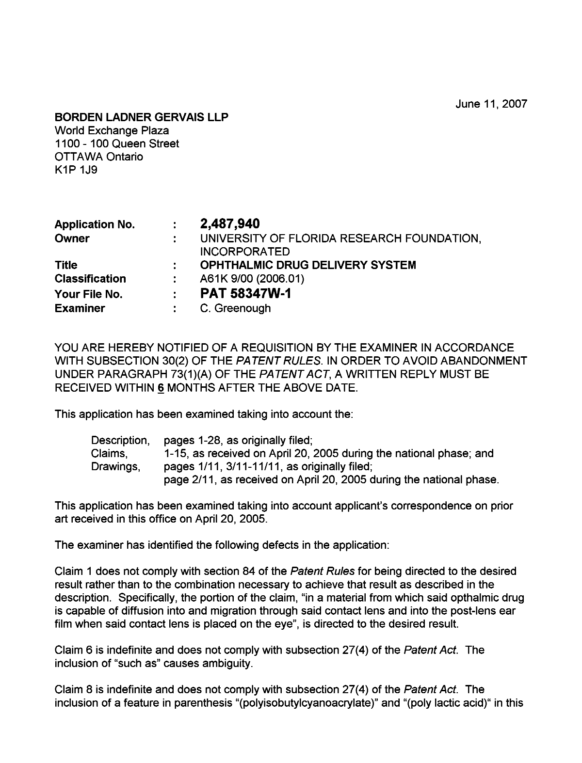 Canadian Patent Document 2487940. Prosecution-Amendment 20061211. Image 1 of 2