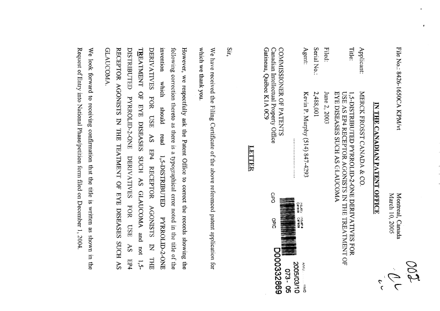 Canadian Patent Document 2488001. Correspondence 20050310. Image 1 of 2