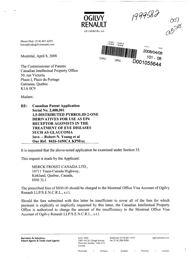 Canadian Patent Document 2488001. Prosecution-Amendment 20080408. Image 1 of 2