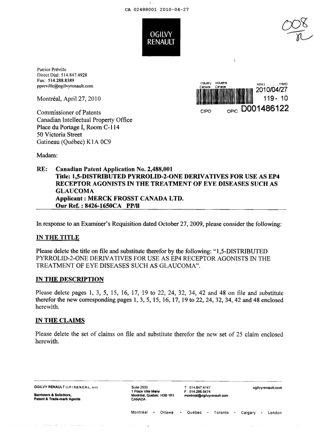 Canadian Patent Document 2488001. Prosecution-Amendment 20100427. Image 1 of 27