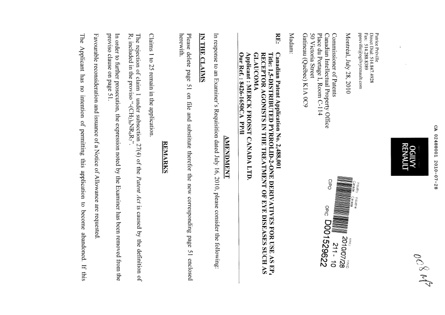 Canadian Patent Document 2488001. Prosecution-Amendment 20100728. Image 1 of 3