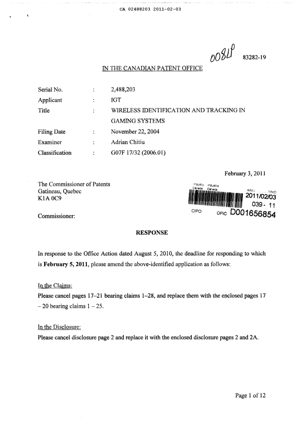 Canadian Patent Document 2488203. Prosecution-Amendment 20110203. Image 1 of 18