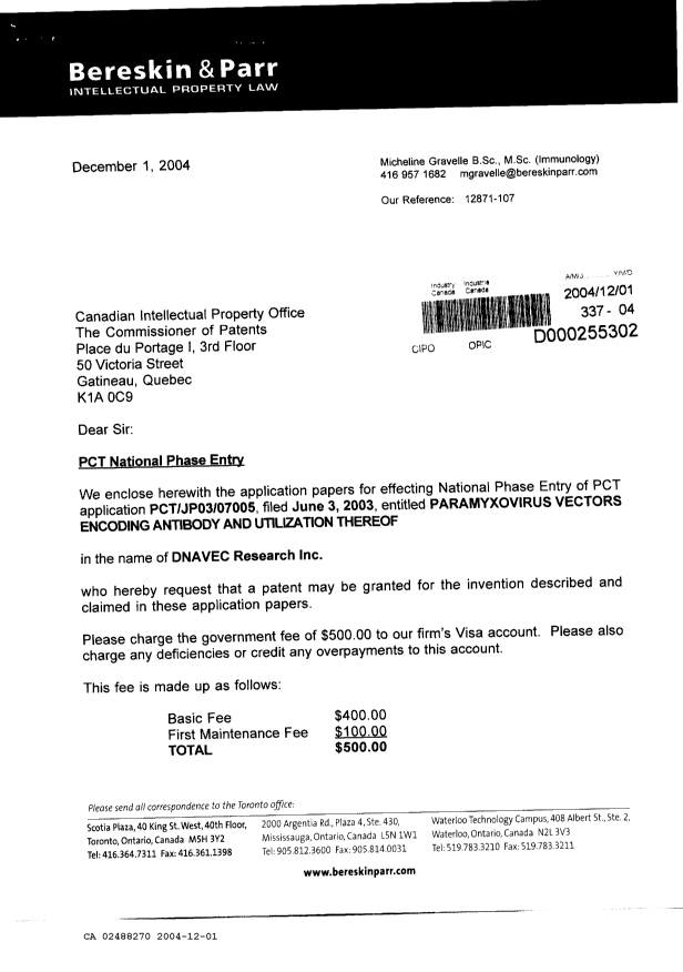 Document de brevet canadien 2488270. Cession 20041201. Image 1 de 4