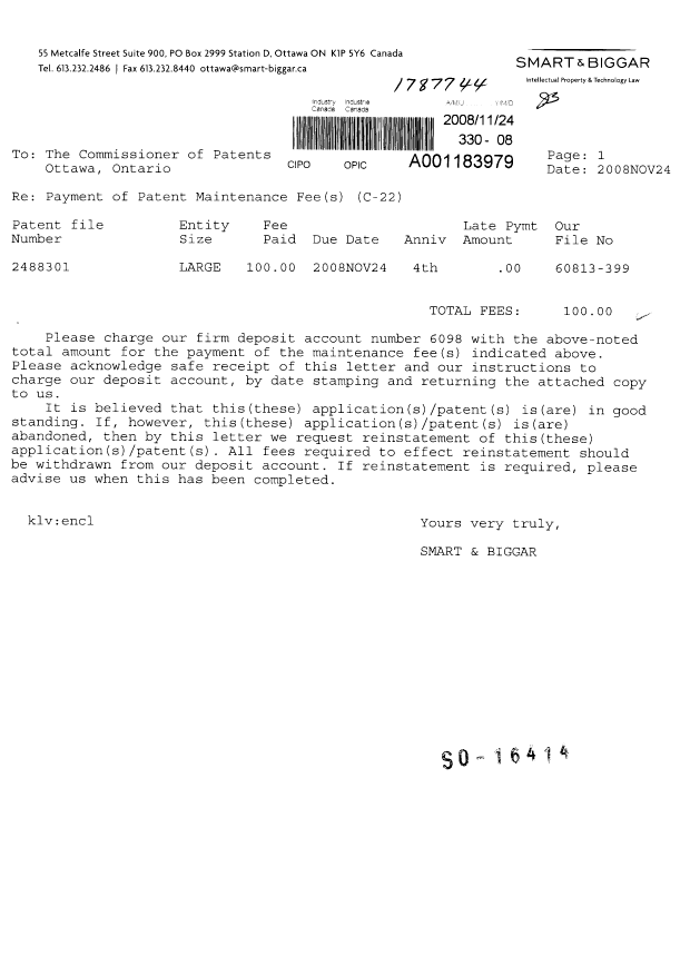 Document de brevet canadien 2488301. Taxes 20081124. Image 1 de 1