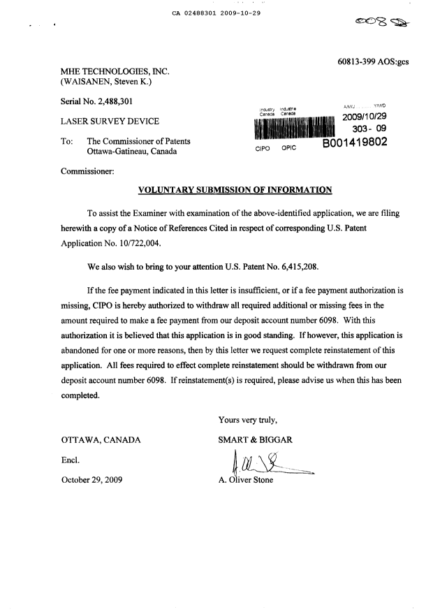 Canadian Patent Document 2488301. Prosecution-Amendment 20091029. Image 1 of 1