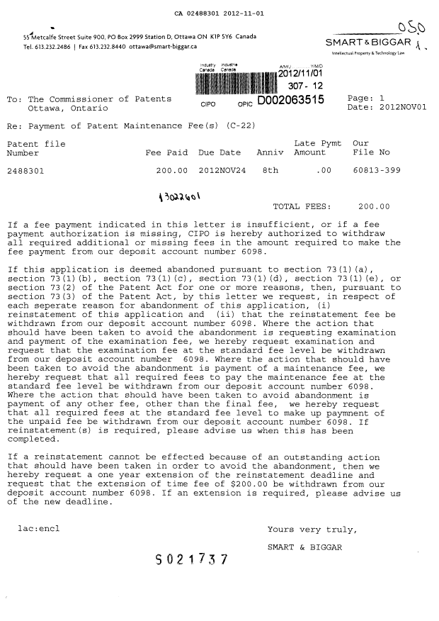 Document de brevet canadien 2488301. Taxes 20121101. Image 1 de 1