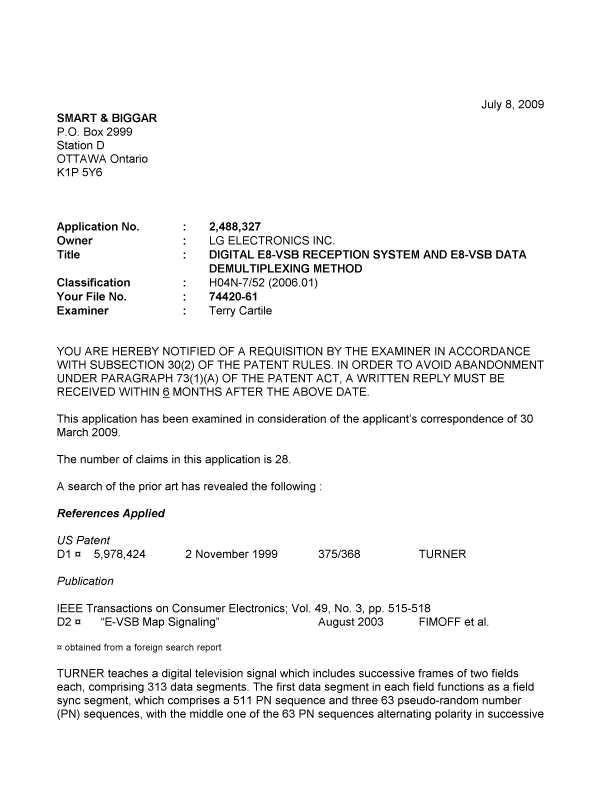 Document de brevet canadien 2488327. Poursuite-Amendment 20090708. Image 1 de 3