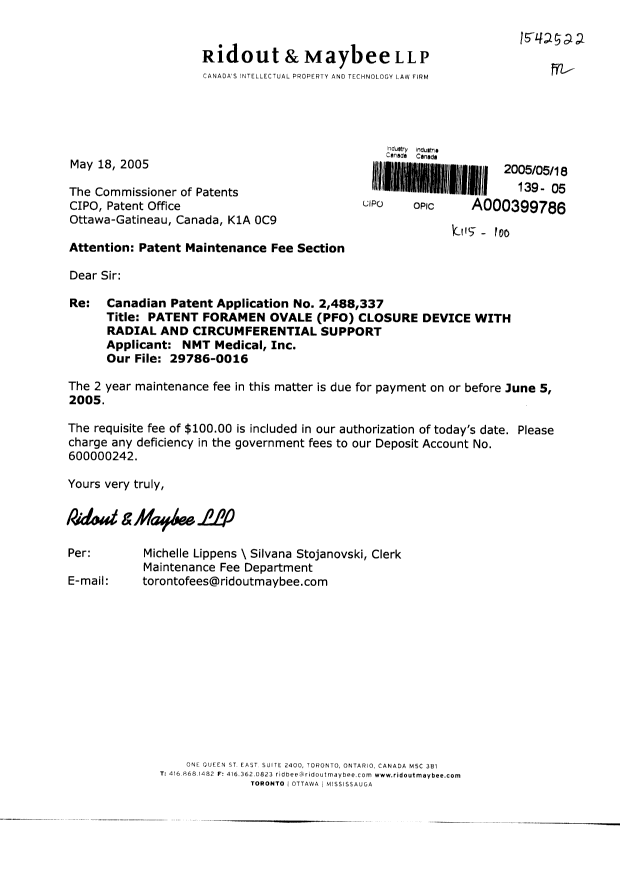 Canadian Patent Document 2488337. Fees 20050518. Image 1 of 1