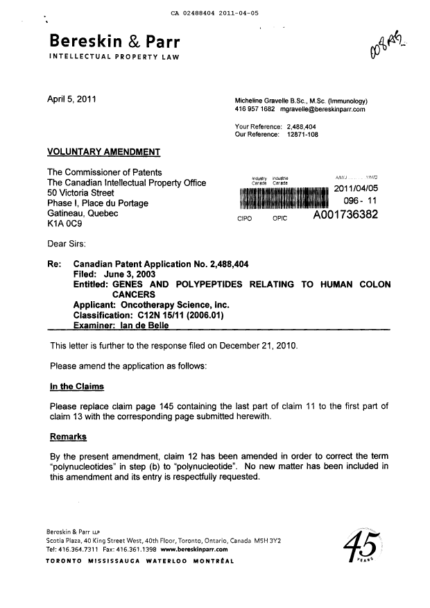 Document de brevet canadien 2488404. Poursuite-Amendment 20110405. Image 1 de 3