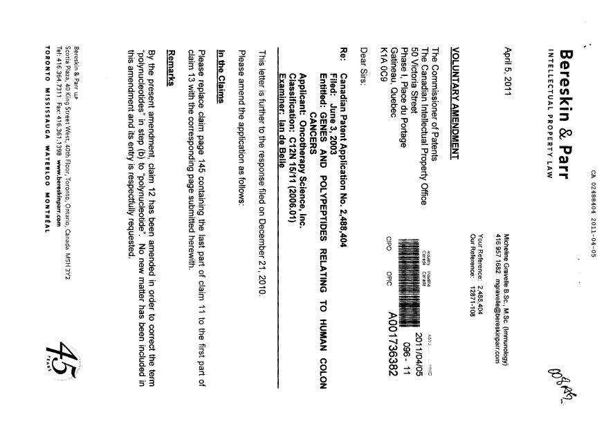 Canadian Patent Document 2488404. Prosecution-Amendment 20110405. Image 1 of 3