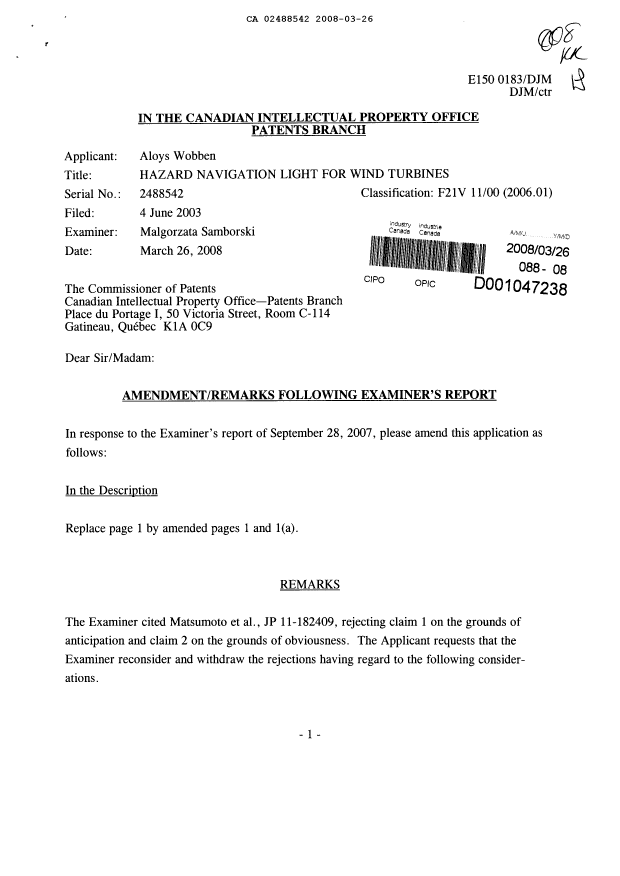 Canadian Patent Document 2488542. Prosecution-Amendment 20080326. Image 1 of 4