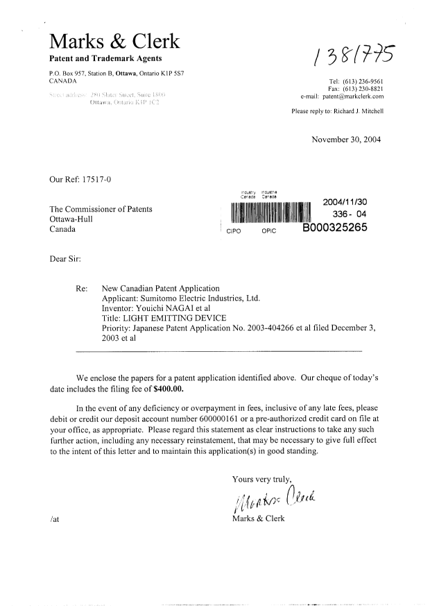 Document de brevet canadien 2488596. Cession 20041130. Image 1 de 3
