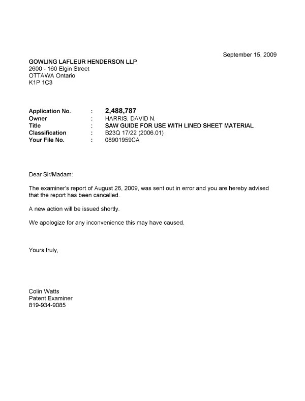 Document de brevet canadien 2488787. Correspondance 20090915. Image 1 de 1