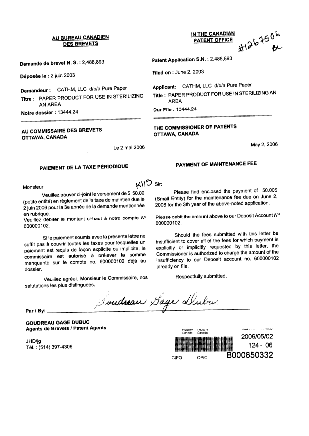 Document de brevet canadien 2488893. Taxes 20060502. Image 1 de 1