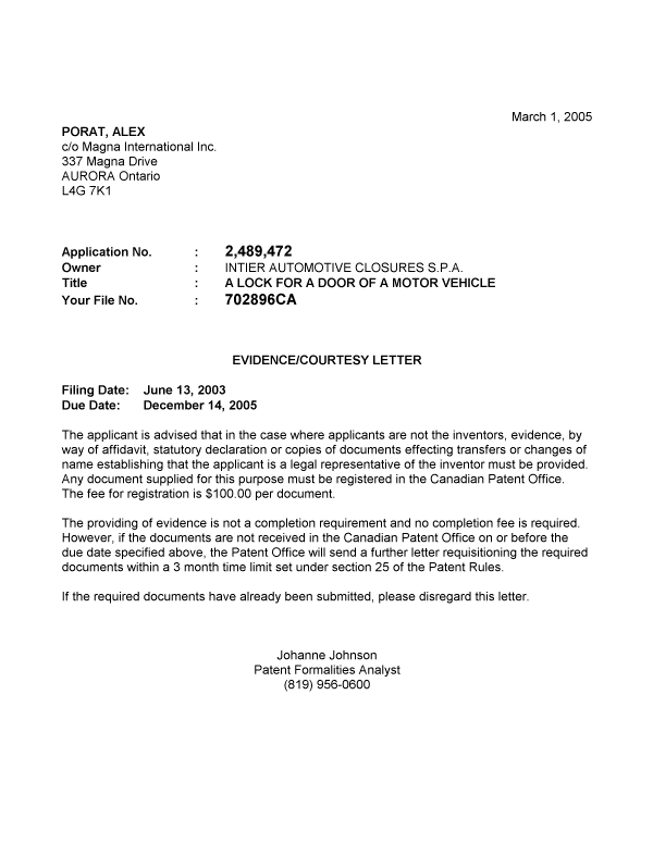Document de brevet canadien 2489472. Correspondance 20050224. Image 1 de 1