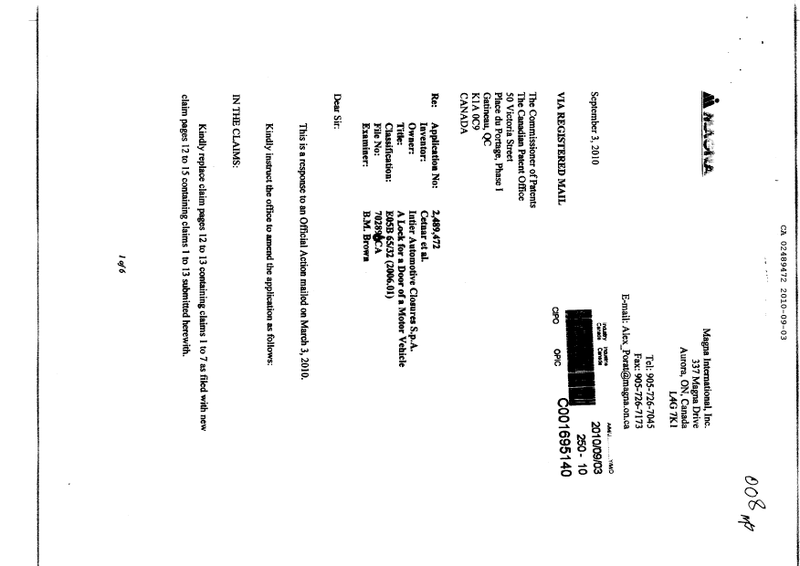 Canadian Patent Document 2489472. Prosecution-Amendment 20100903. Image 1 of 10