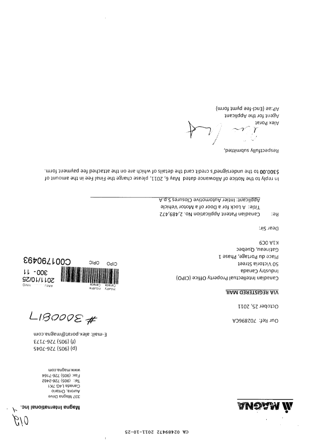 Canadian Patent Document 2489472. Correspondence 20111025. Image 1 of 1