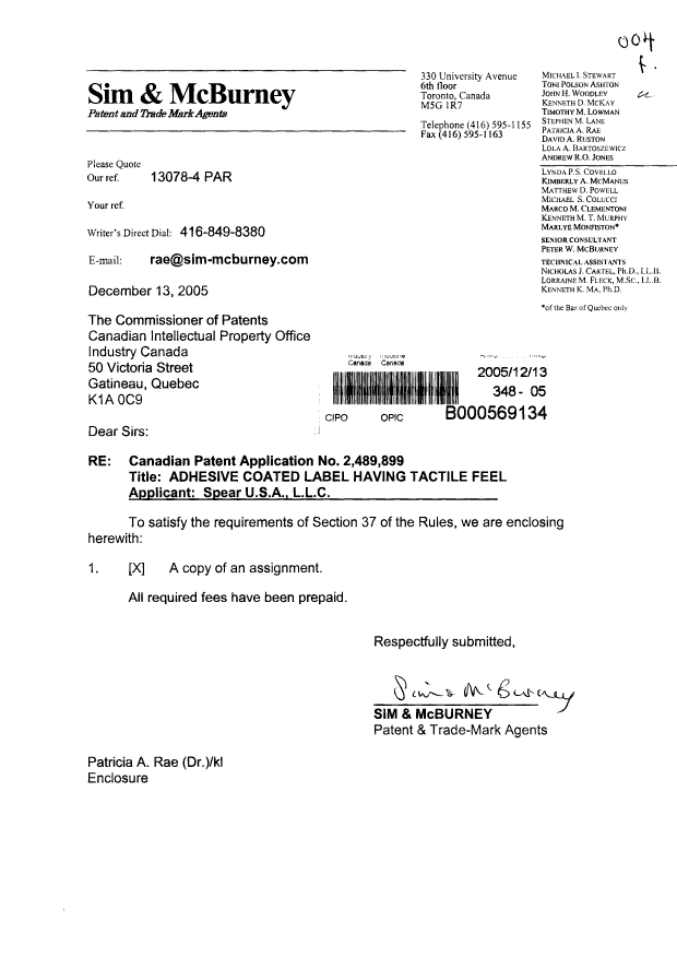 Document de brevet canadien 2489899. Cession 20051213. Image 1 de 3