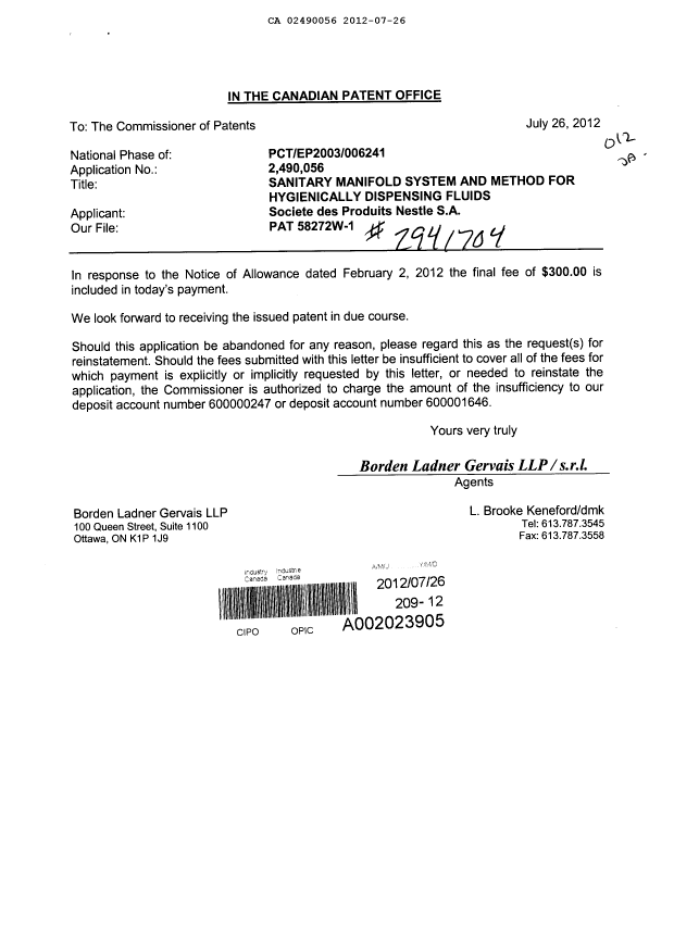 Document de brevet canadien 2490056. Correspondance 20120726. Image 1 de 1