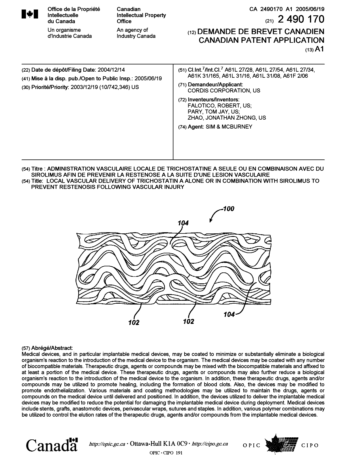 Document de brevet canadien 2490170. Page couverture 20041206. Image 1 de 1