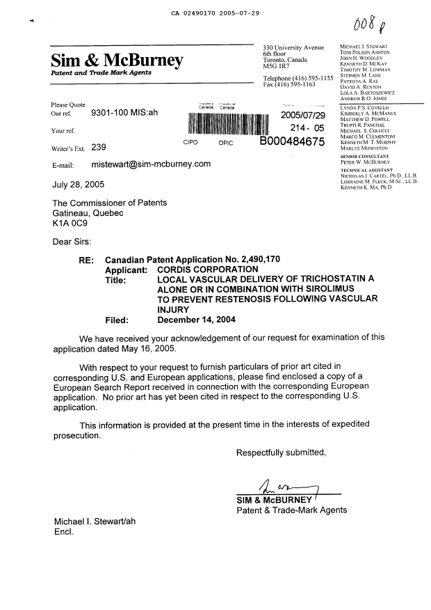 Canadian Patent Document 2490170. Prosecution-Amendment 20041229. Image 1 of 1