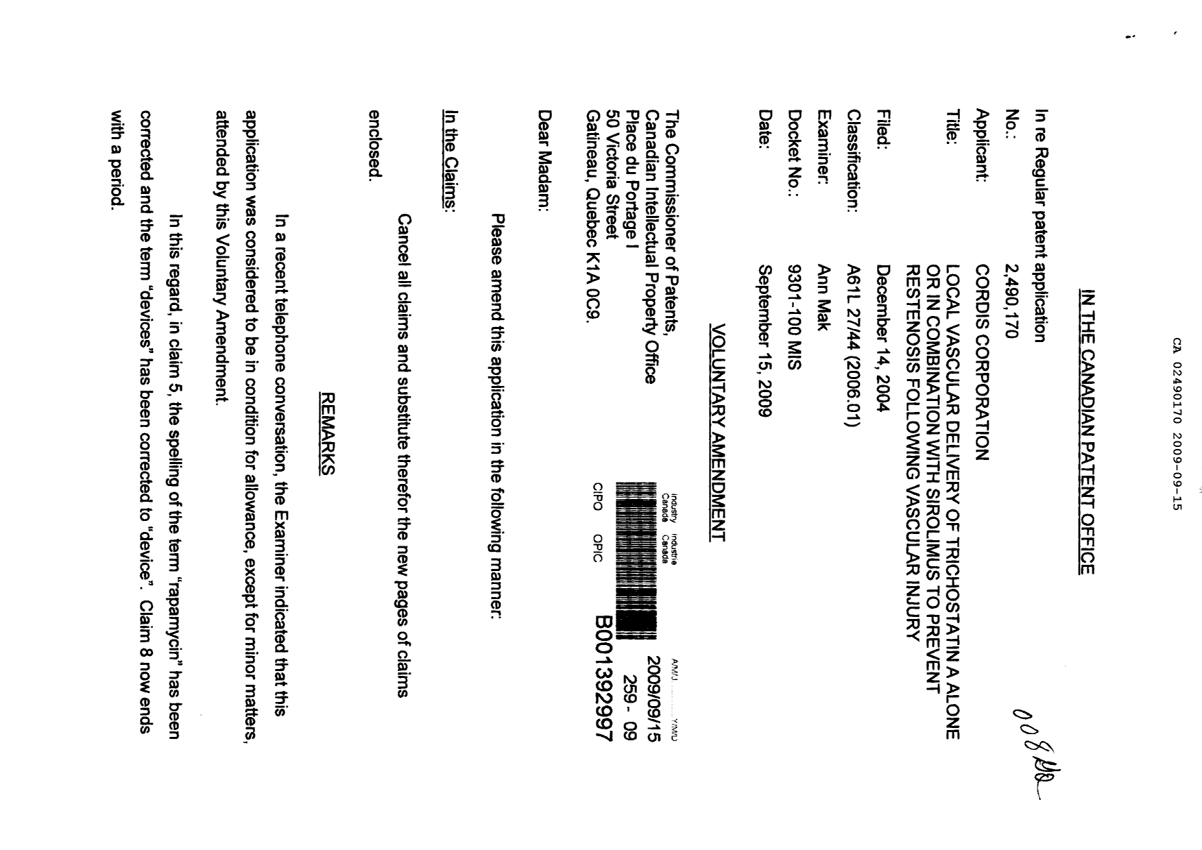 Canadian Patent Document 2490170. Prosecution-Amendment 20081215. Image 1 of 4