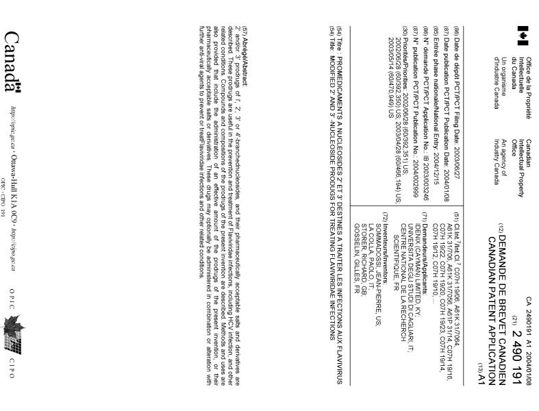 Document de brevet canadien 2490191. Page couverture 20050408. Image 1 de 2