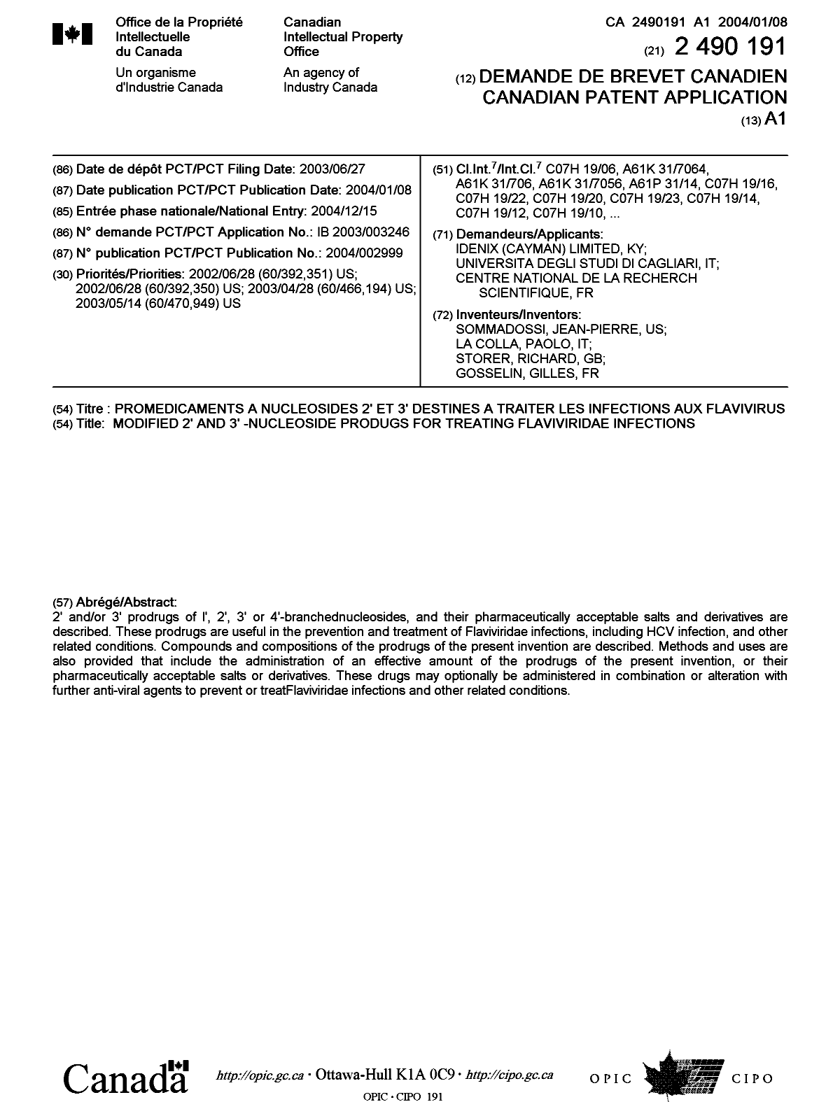 Document de brevet canadien 2490191. Page couverture 20050408. Image 1 de 2
