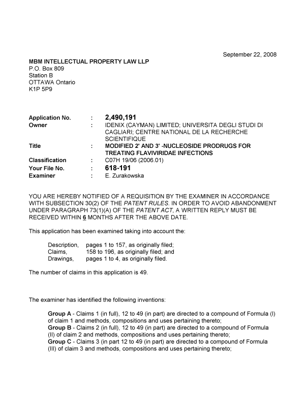 Canadian Patent Document 2490191. Prosecution-Amendment 20071222. Image 1 of 3