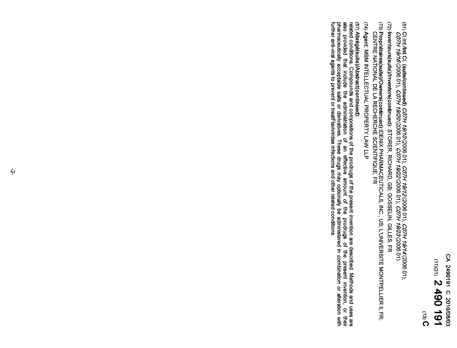 Document de brevet canadien 2490191. Page couverture 20091209. Image 2 de 2