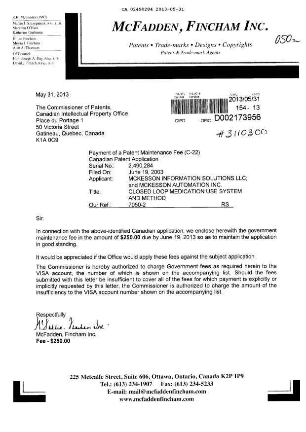 Document de brevet canadien 2490284. Taxes 20130531. Image 1 de 1