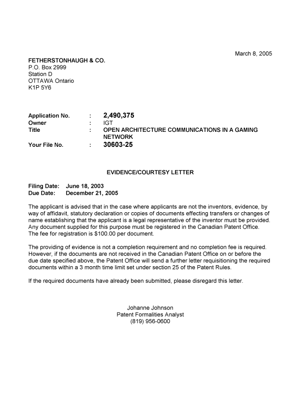 Document de brevet canadien 2490375. Correspondance 20050302. Image 1 de 1