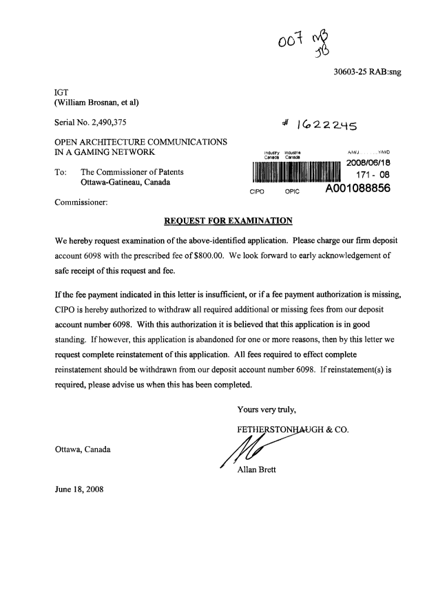 Document de brevet canadien 2490375. Poursuite-Amendment 20080618. Image 1 de 1