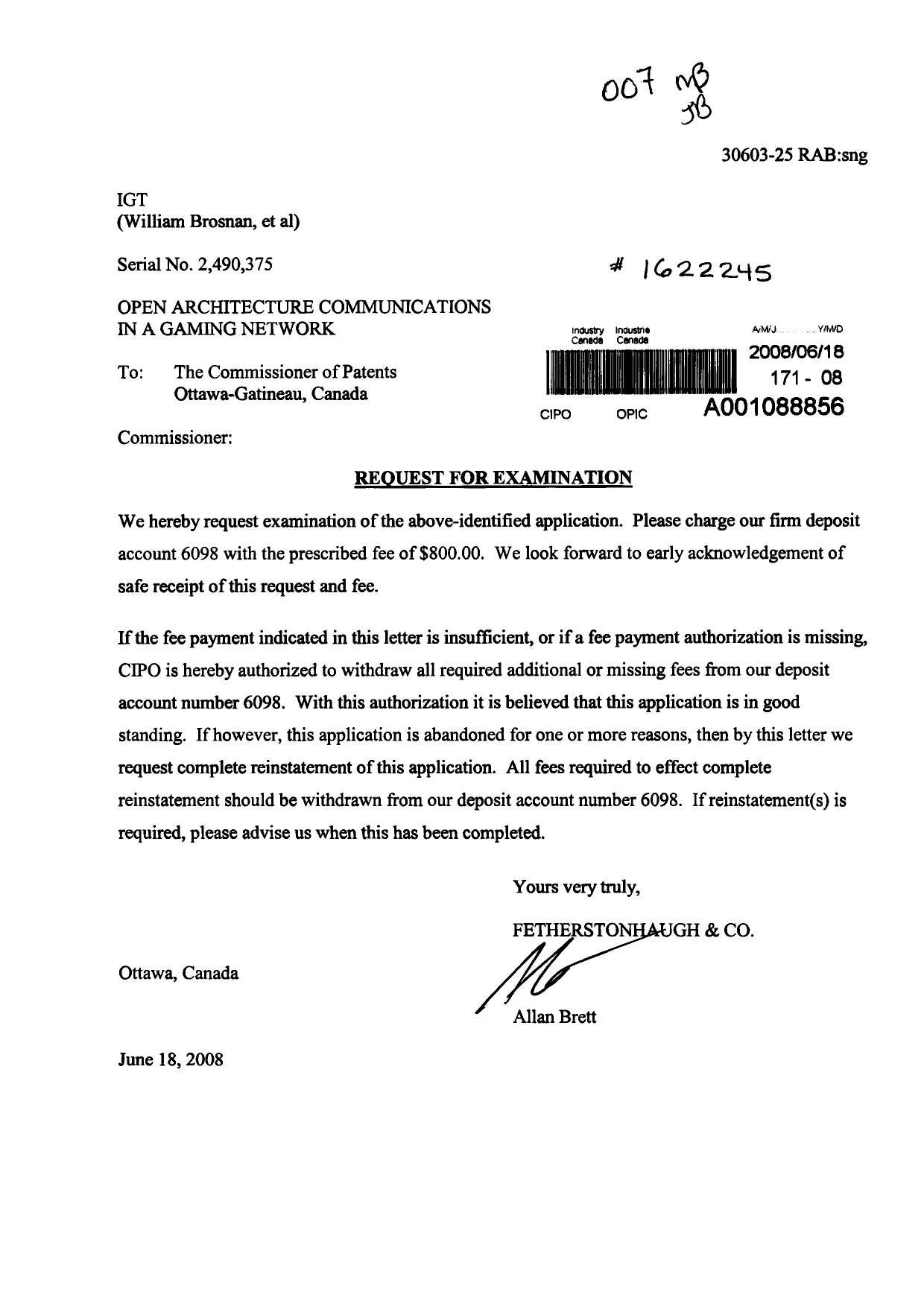 Canadian Patent Document 2490375. Prosecution-Amendment 20080618. Image 1 of 1