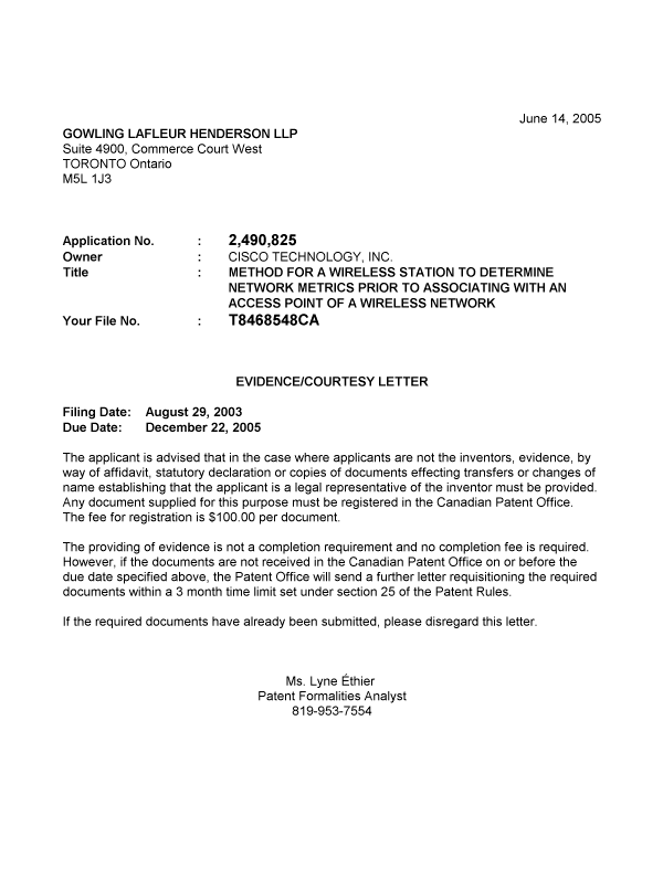 Document de brevet canadien 2490825. Correspondance 20050609. Image 1 de 1
