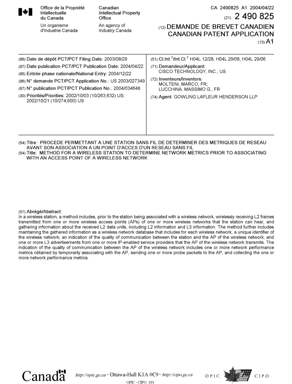 Document de brevet canadien 2490825. Page couverture 20050614. Image 1 de 1
