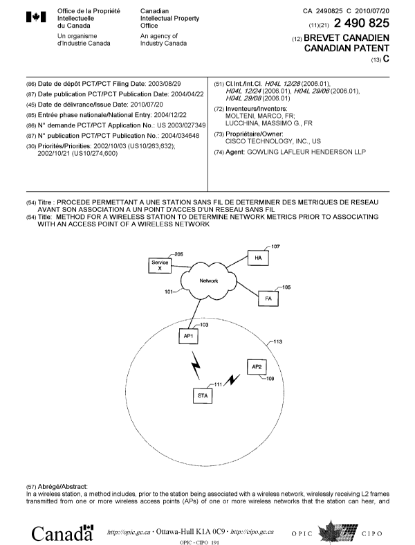 Document de brevet canadien 2490825. Page couverture 20100628. Image 1 de 2