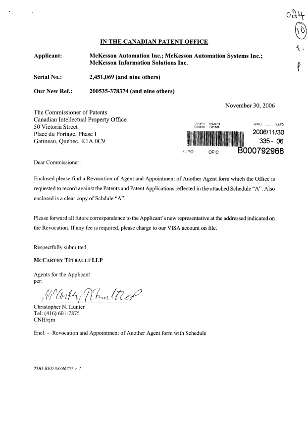 Canadian Patent Document 2490852. Correspondence 20051230. Image 1 of 4