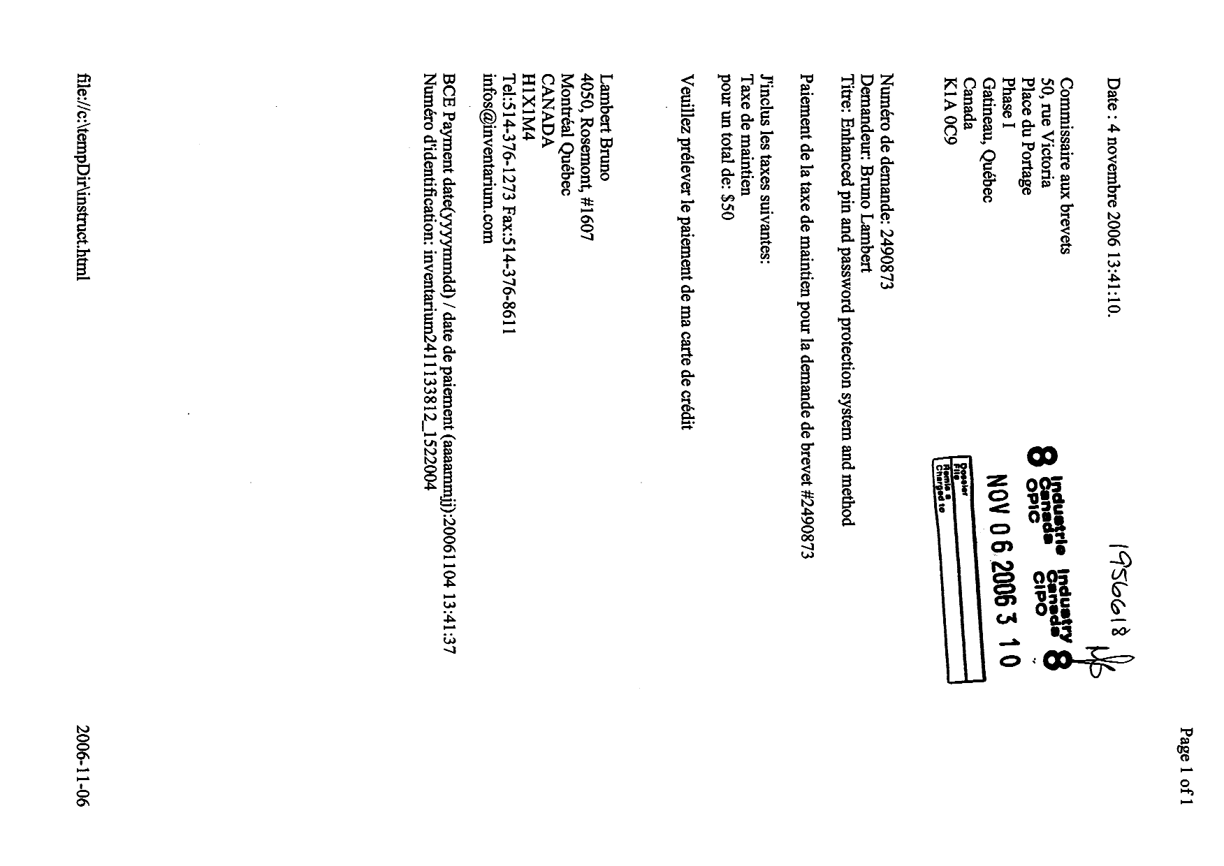 Document de brevet canadien 2490873. Taxes 20051206. Image 1 de 1