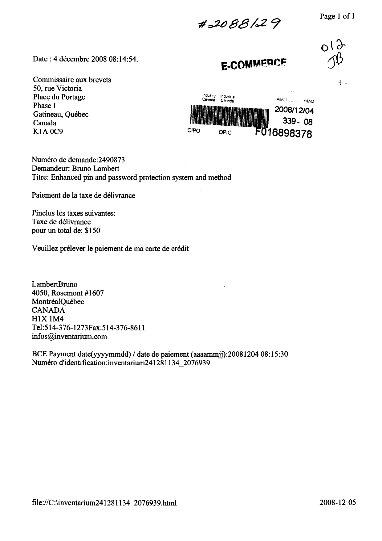Document de brevet canadien 2490873. Correspondance 20071204. Image 1 de 1