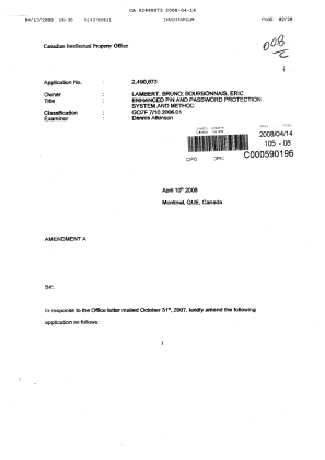 Document de brevet canadien 2490873. Poursuite-Amendment 20071214. Image 1 de 20