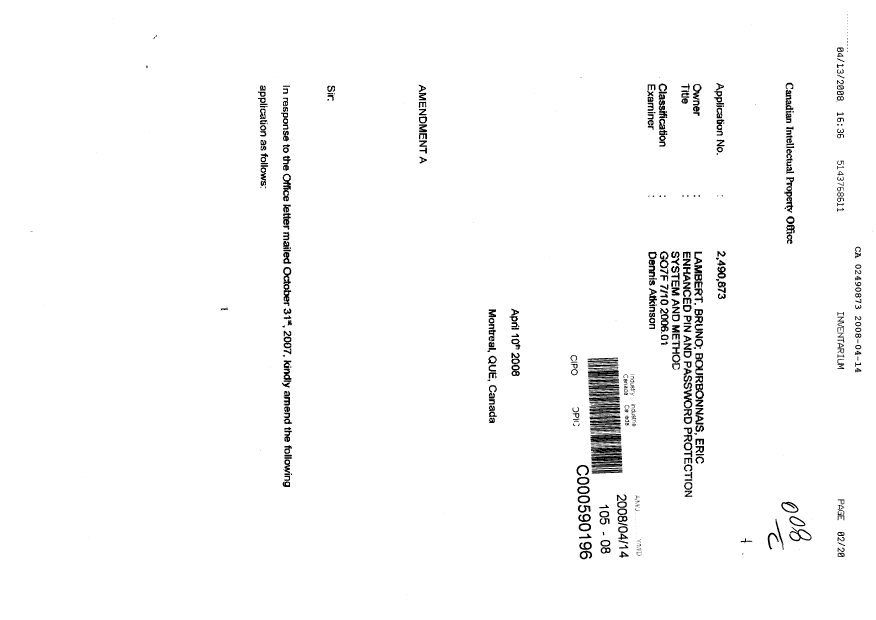 Document de brevet canadien 2490873. Poursuite-Amendment 20071214. Image 1 de 20