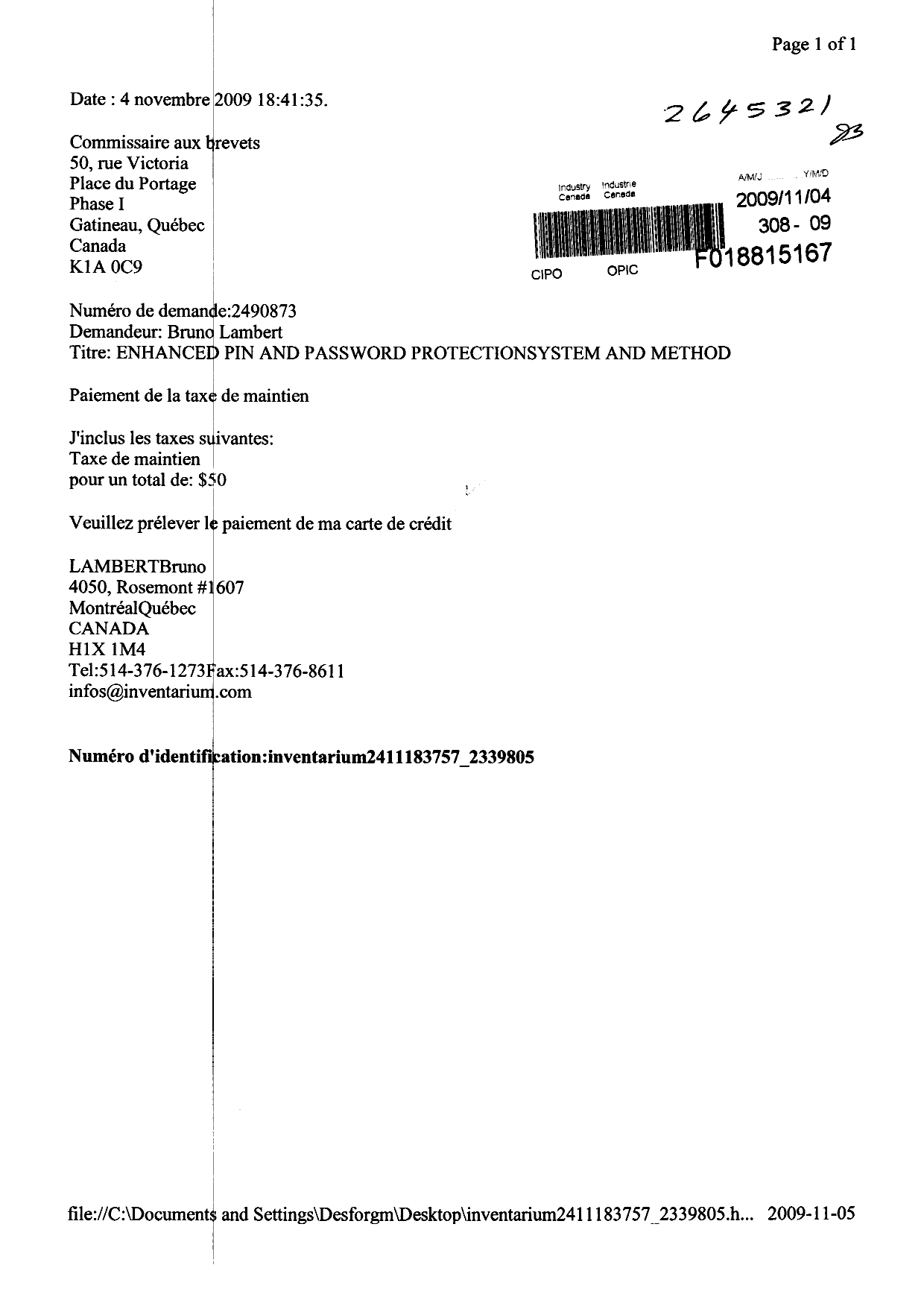 Document de brevet canadien 2490873. Taxes 20081204. Image 1 de 2