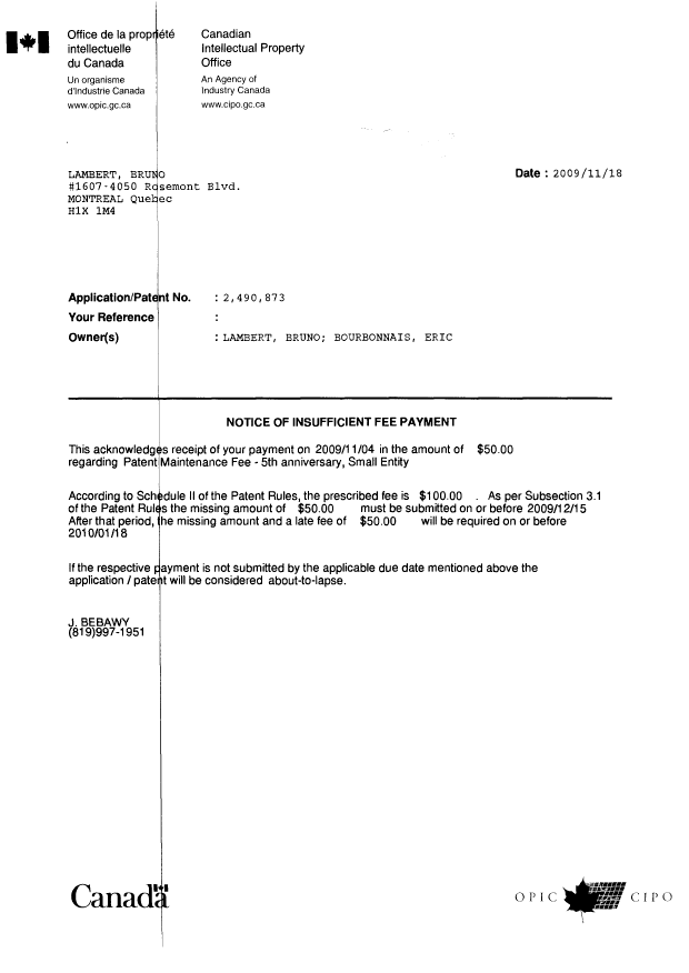 Document de brevet canadien 2490873. Taxes 20081204. Image 2 de 2