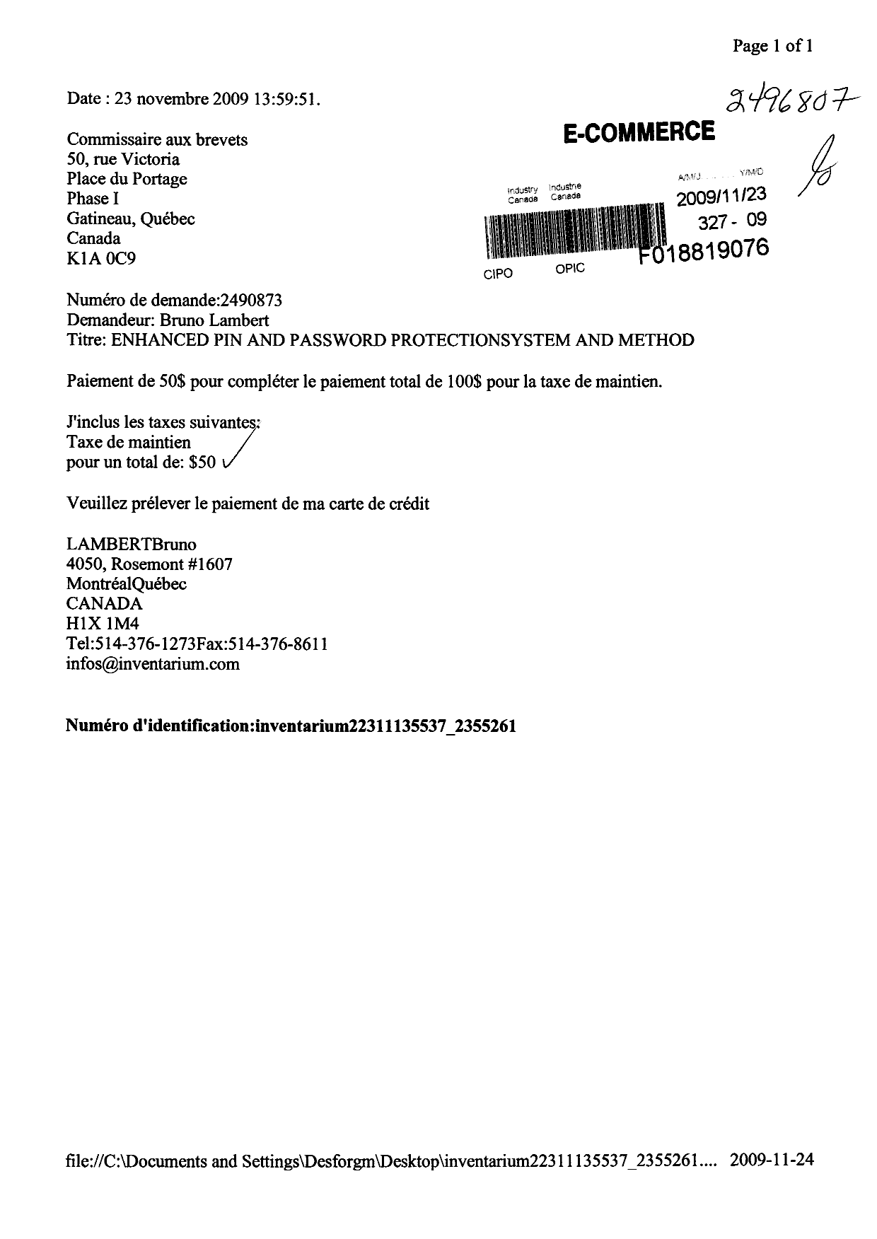 Document de brevet canadien 2490873. Taxes 20081223. Image 1 de 1