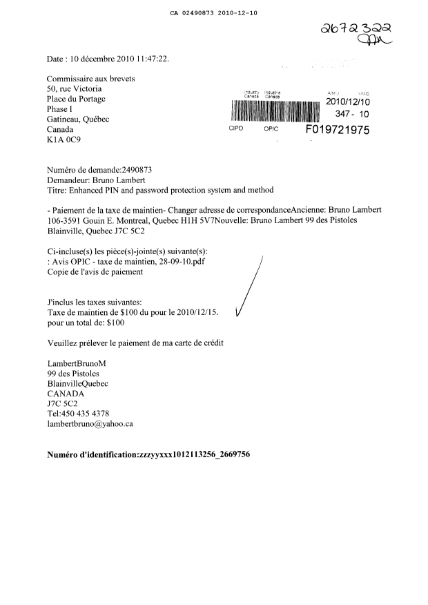 Document de brevet canadien 2490873. Taxes 20091210. Image 1 de 2