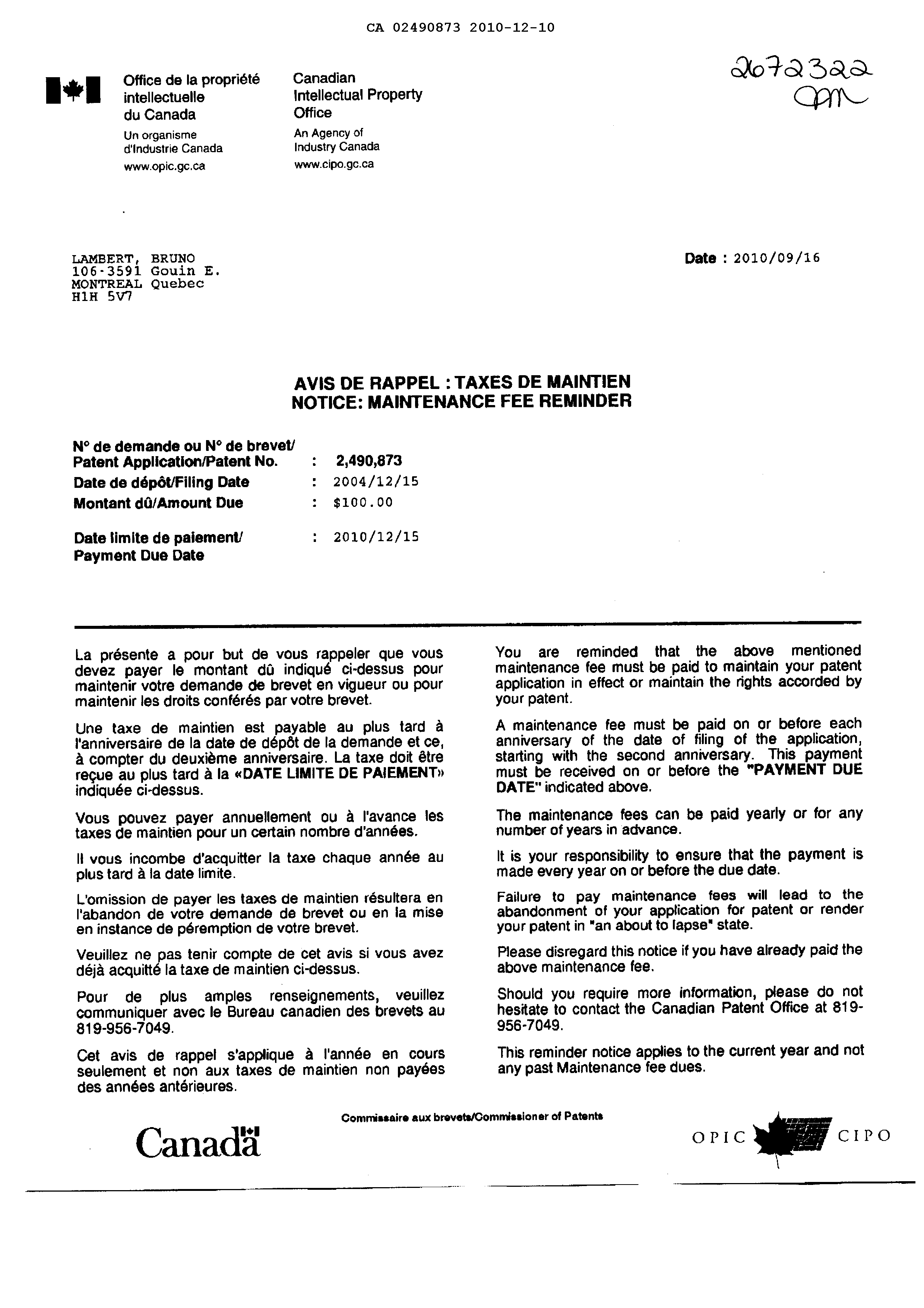 Canadian Patent Document 2490873. Fees 20091210. Image 2 of 2