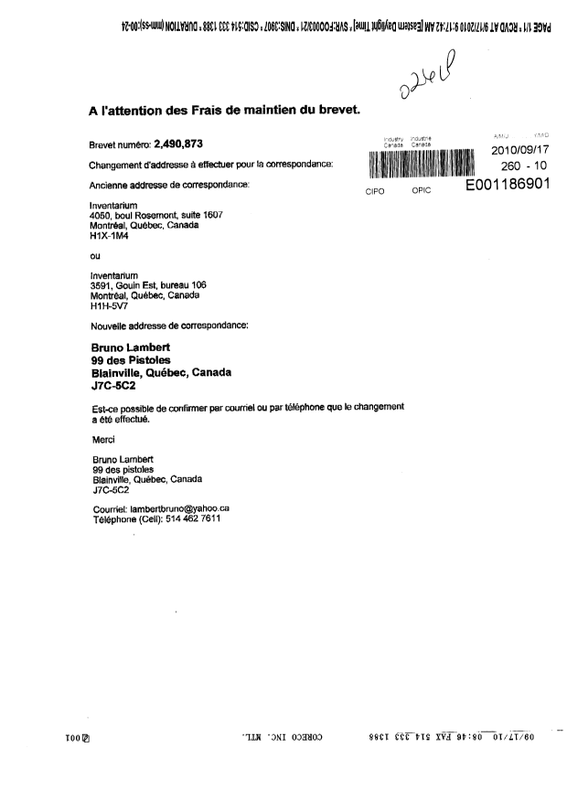Document de brevet canadien 2490873. Correspondance 20091217. Image 1 de 1