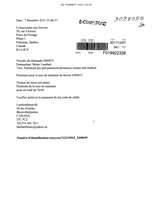 Document de brevet canadien 2490873. Taxes 20101207. Image 1 de 1