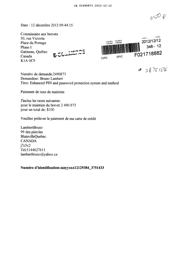 Document de brevet canadien 2490873. Taxes 20111212. Image 1 de 1